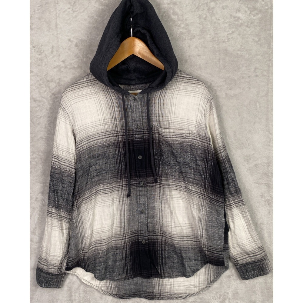 American Eagle Womens Hooded Flannel Shirt Plaid Small Black Gray Grunge Skater - Picture 3 of 11